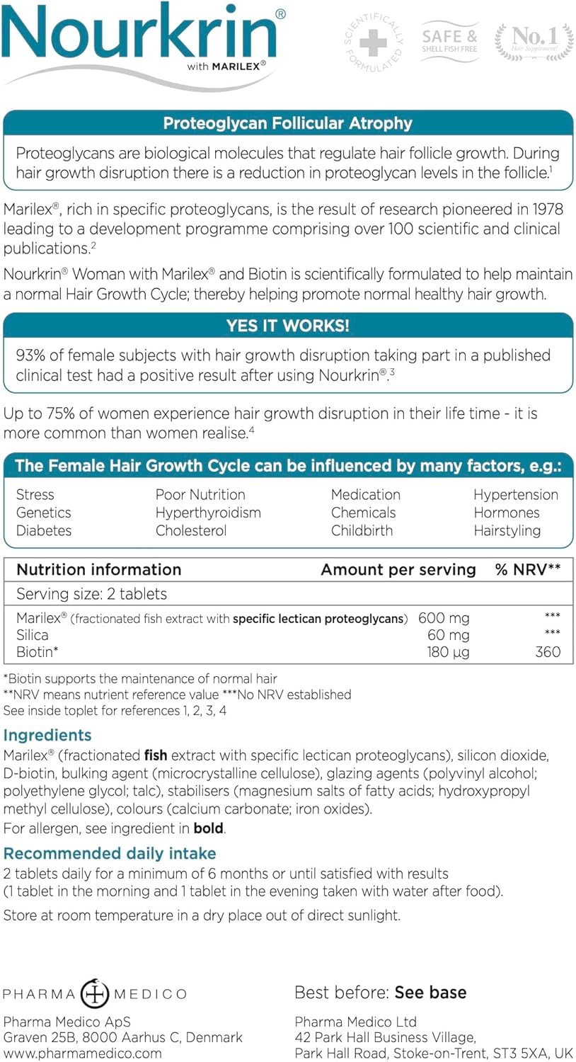 Supplement facts and directions for Nourkrin Woman 180-tablet box.