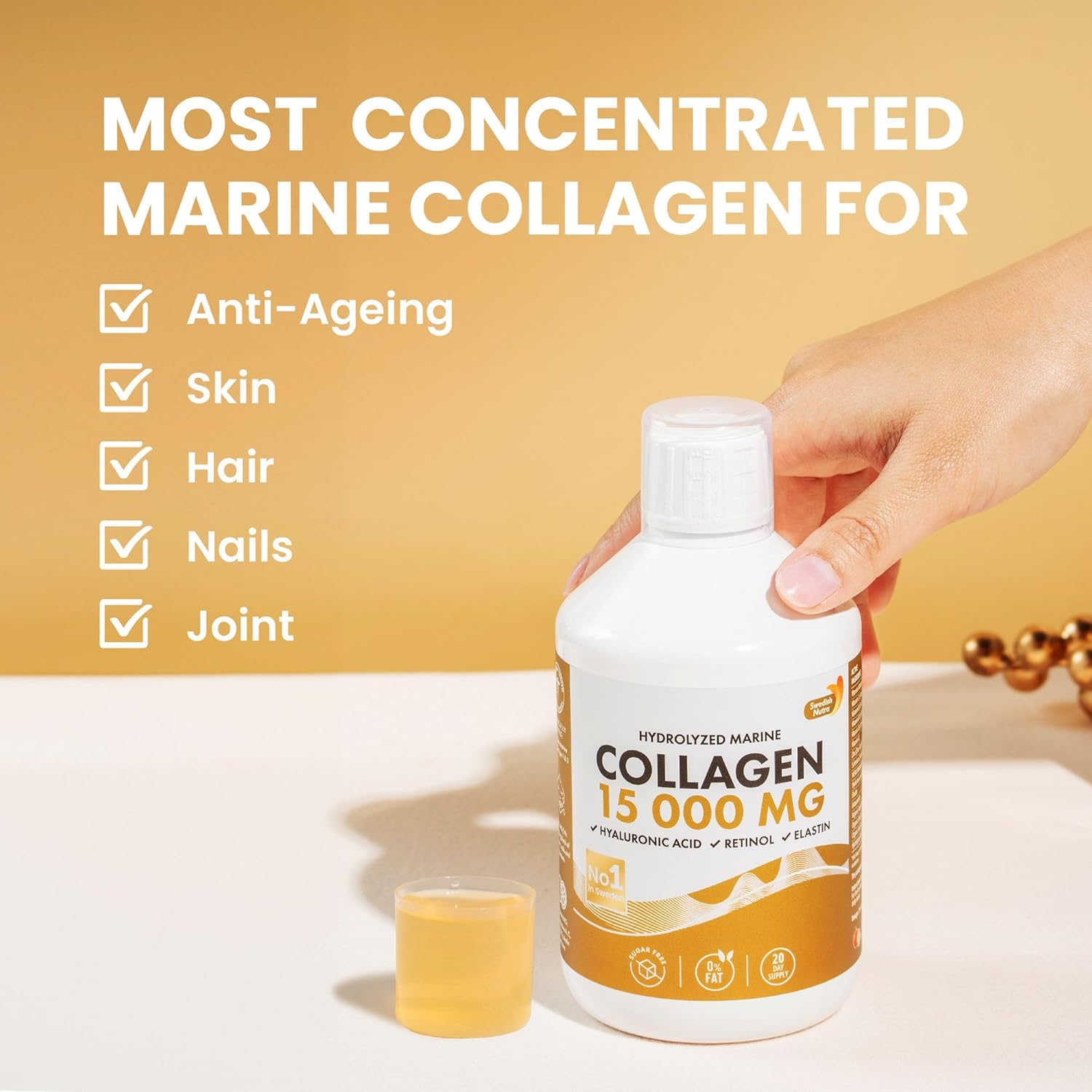 Collagen supplement bottle with a hand holding it, on a light background