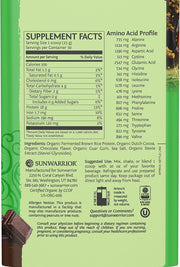 Back of Sunwarrior chocolate rice protein powder showing ingredients.