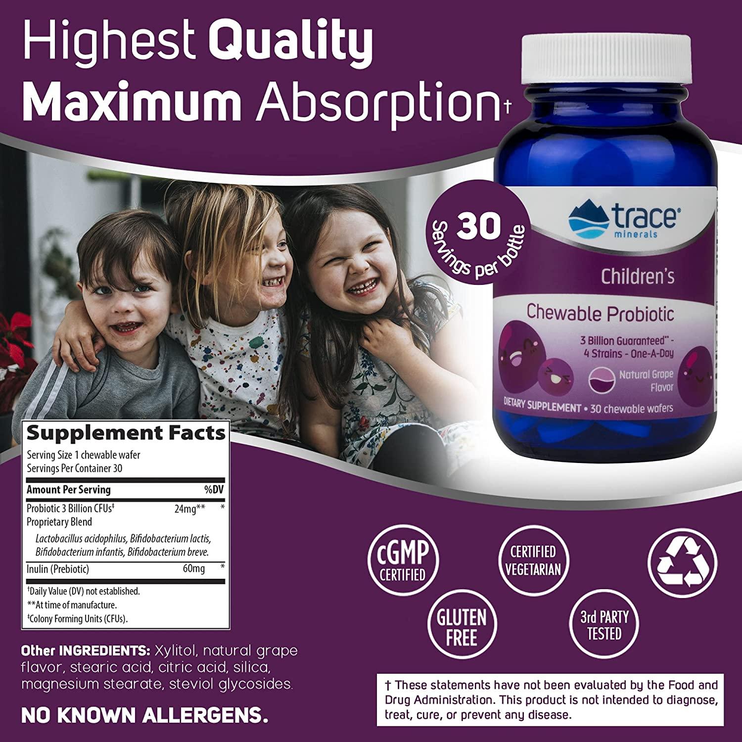 Supplement Facts Image: Trace Minerals children probiotic chewable supplement facts ingredients bottle 30 count
