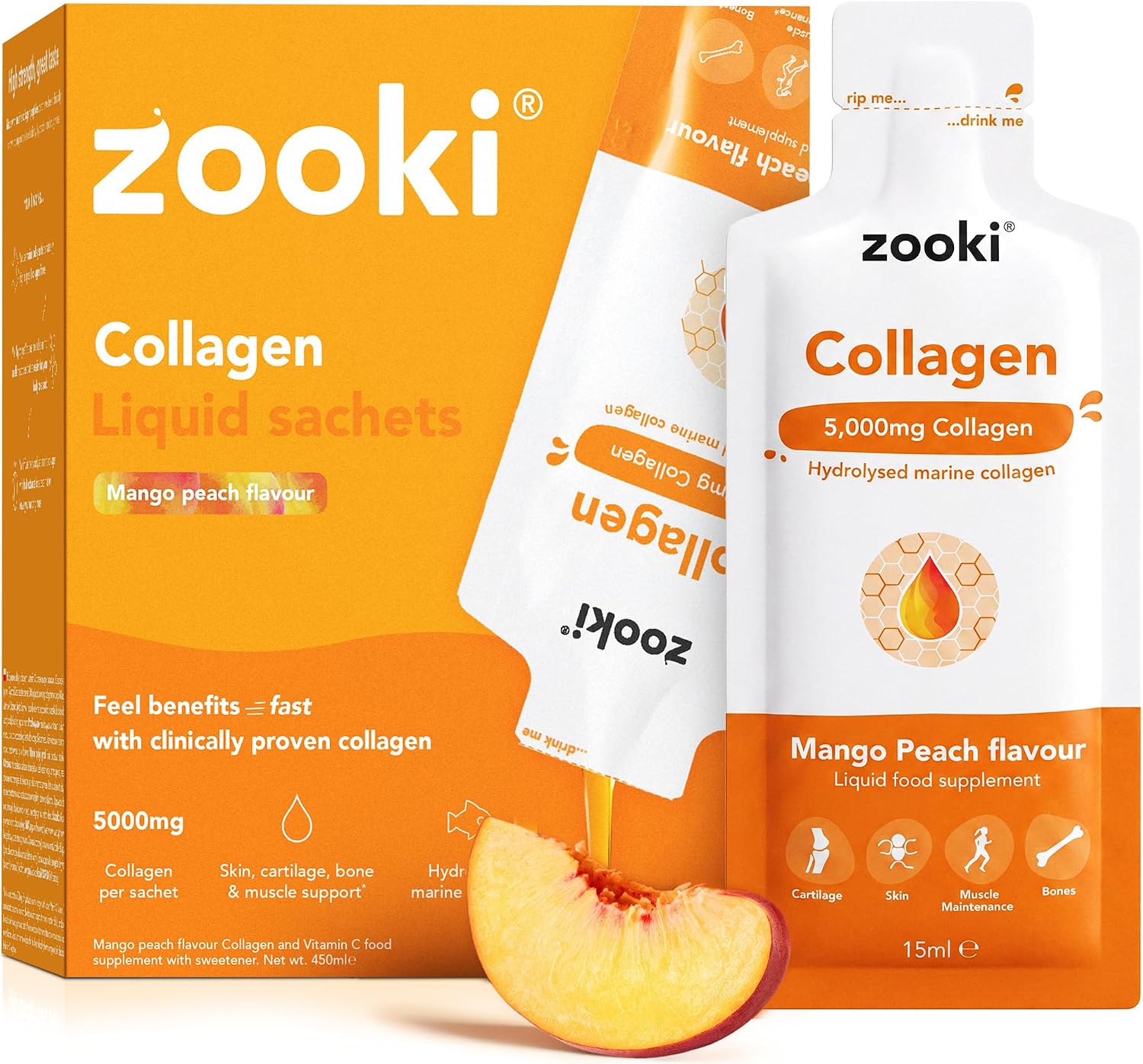Zooki Marine Collagen 5000mg Mango Peach 14 liquid sachets