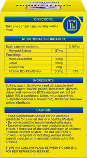 MacuShield Original+ capsules back packaging with ingredients, directions & nutrition on white background