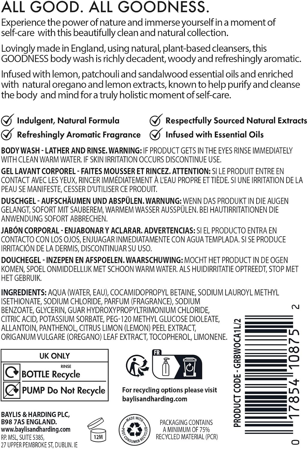 Baylis & Harding body wash duo oud cedar amber ingredients label bottles 2 x 1 litre