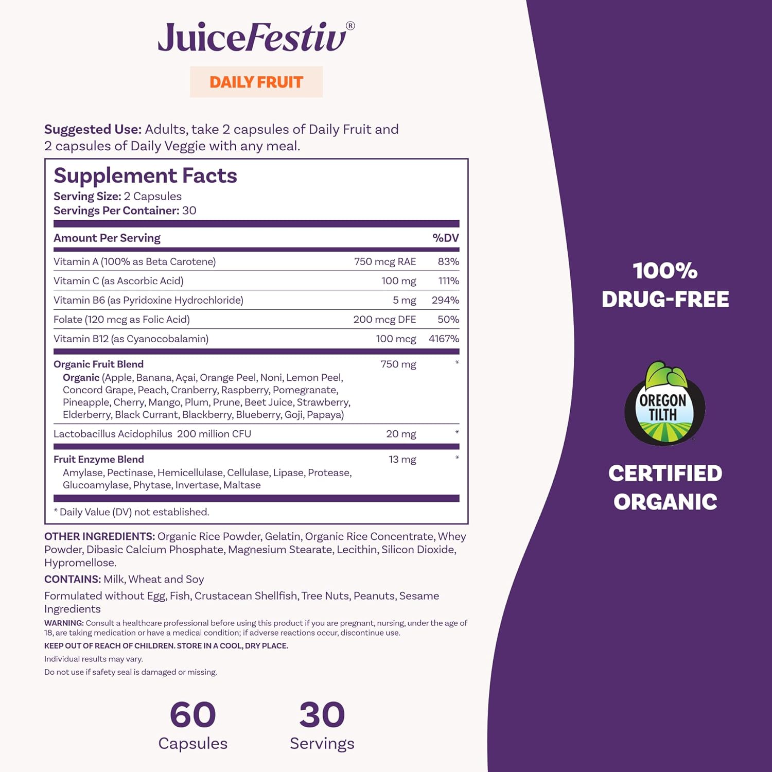 Natrol JuiceFestiv Daily Fruit supplement facts ingredients bottles 60 capsules each