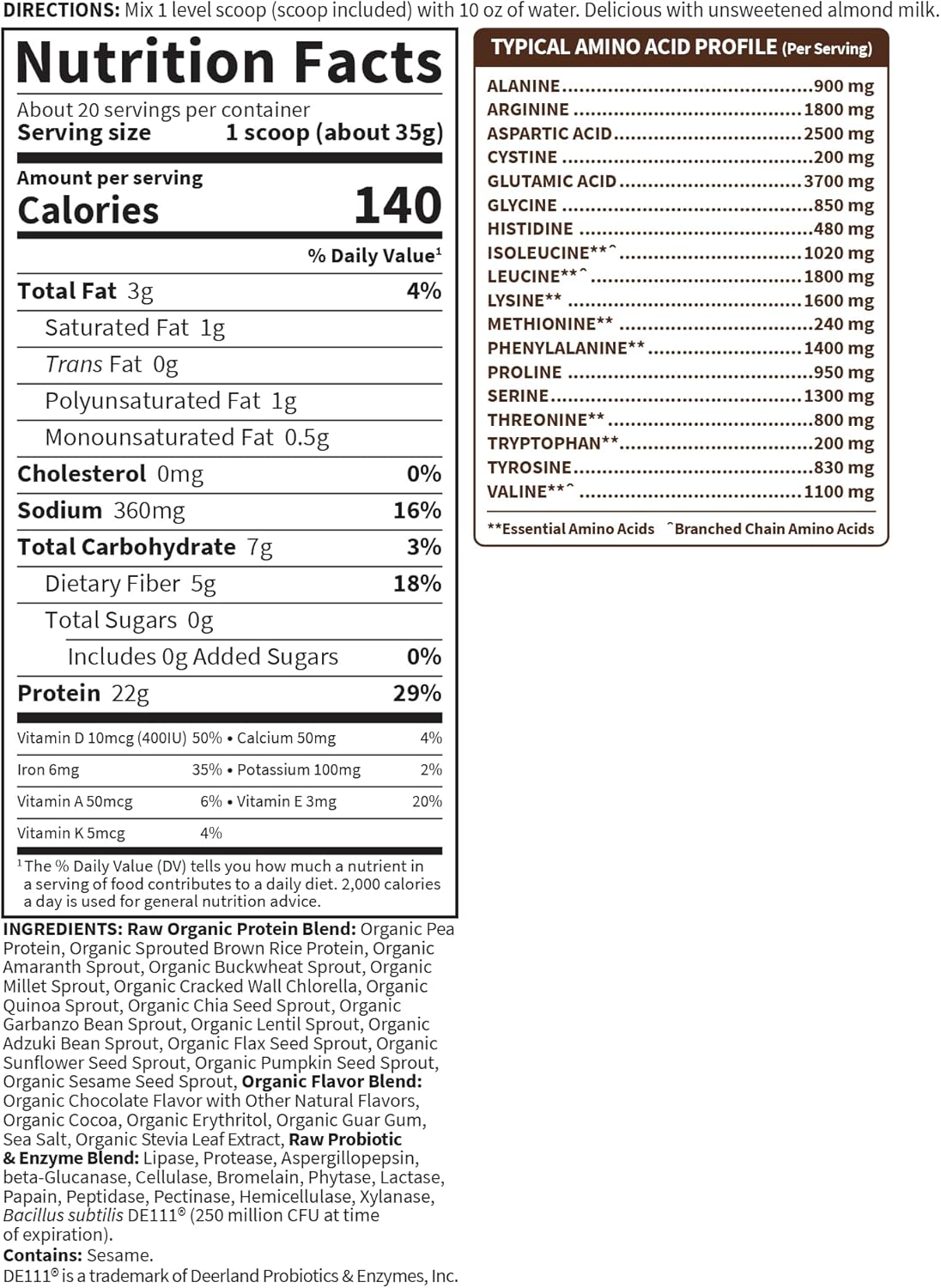 Garden of Life Raw Organic Vegan Protein Powder supplement facts label tub 700g