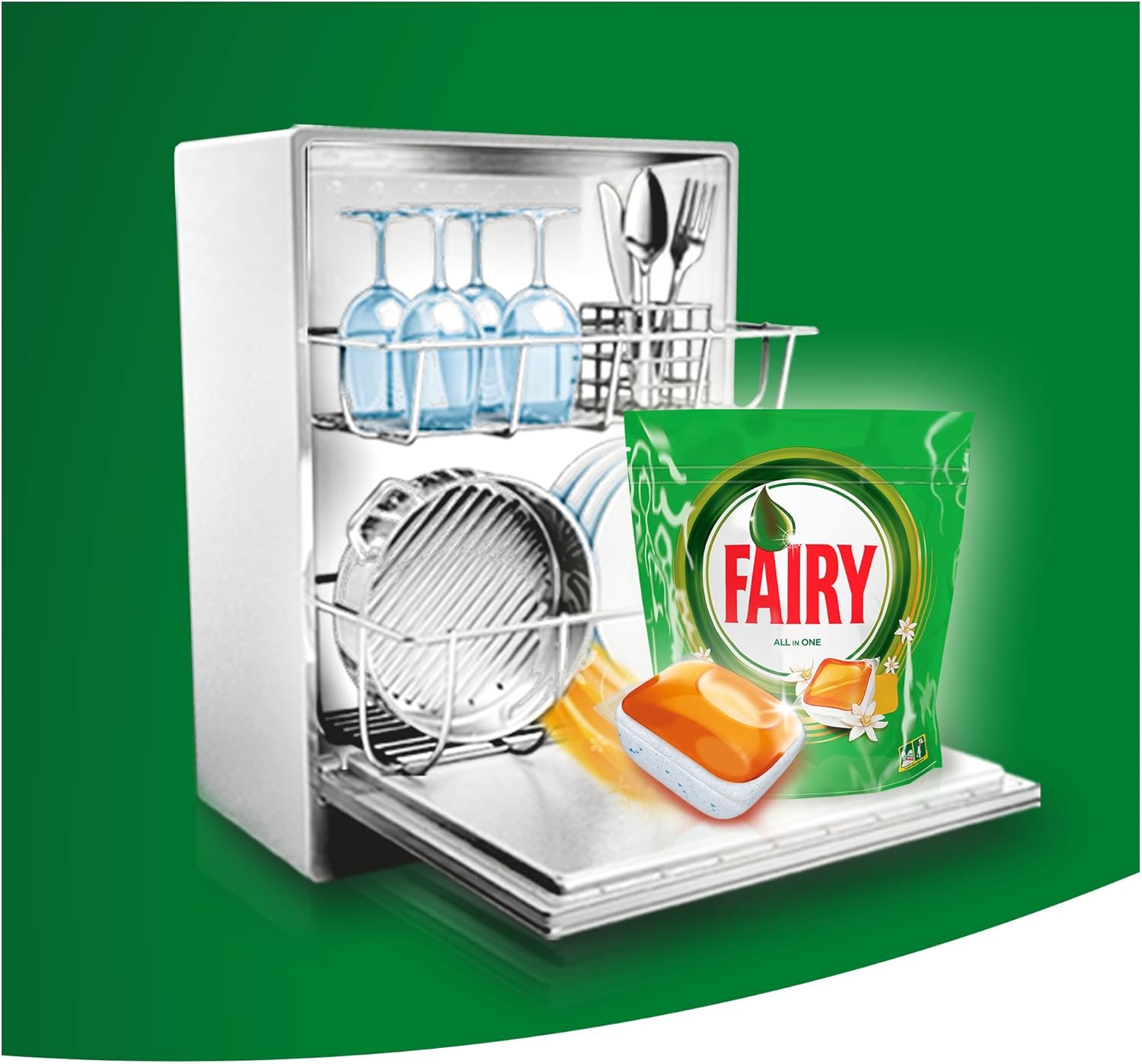 Fairy All In One Orange Dishwasher Capsules 60 Count placement instructions for dishwasher dispenser