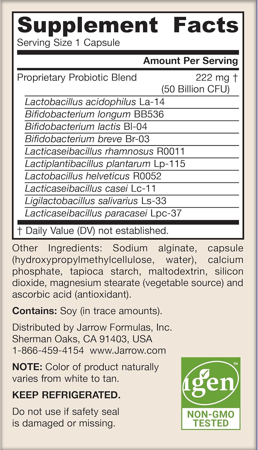 Supplement Facts Image: Jarrow Formulas Jarro-Dophilus 50 billion CFU probiotic supplement facts and ingredients 60 count