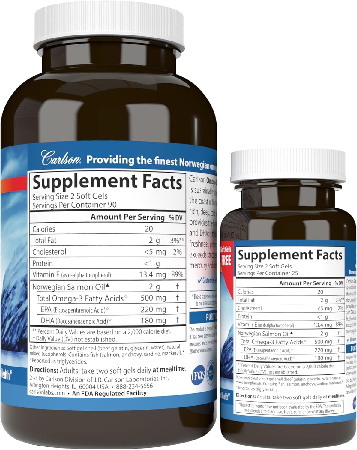 Supplement facts & ingredients image: Carlson Salmon Oil omega 3 EPA DHA supplement facts softgels 230 count