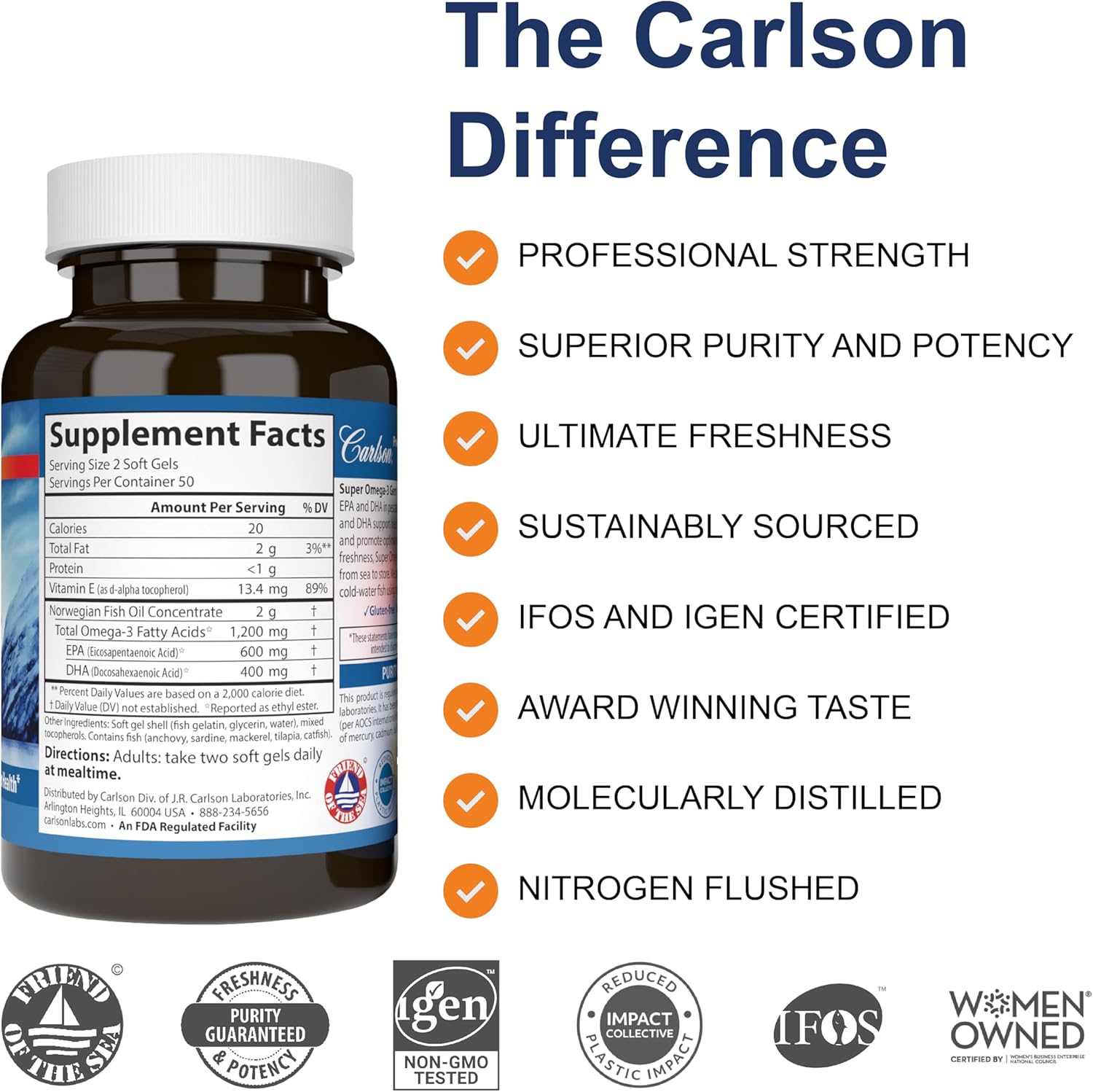 Supplement facts & ingredients image: Carlson Super Omega 3 EPA DHA supplement facts fish gelatin softgels 130 count