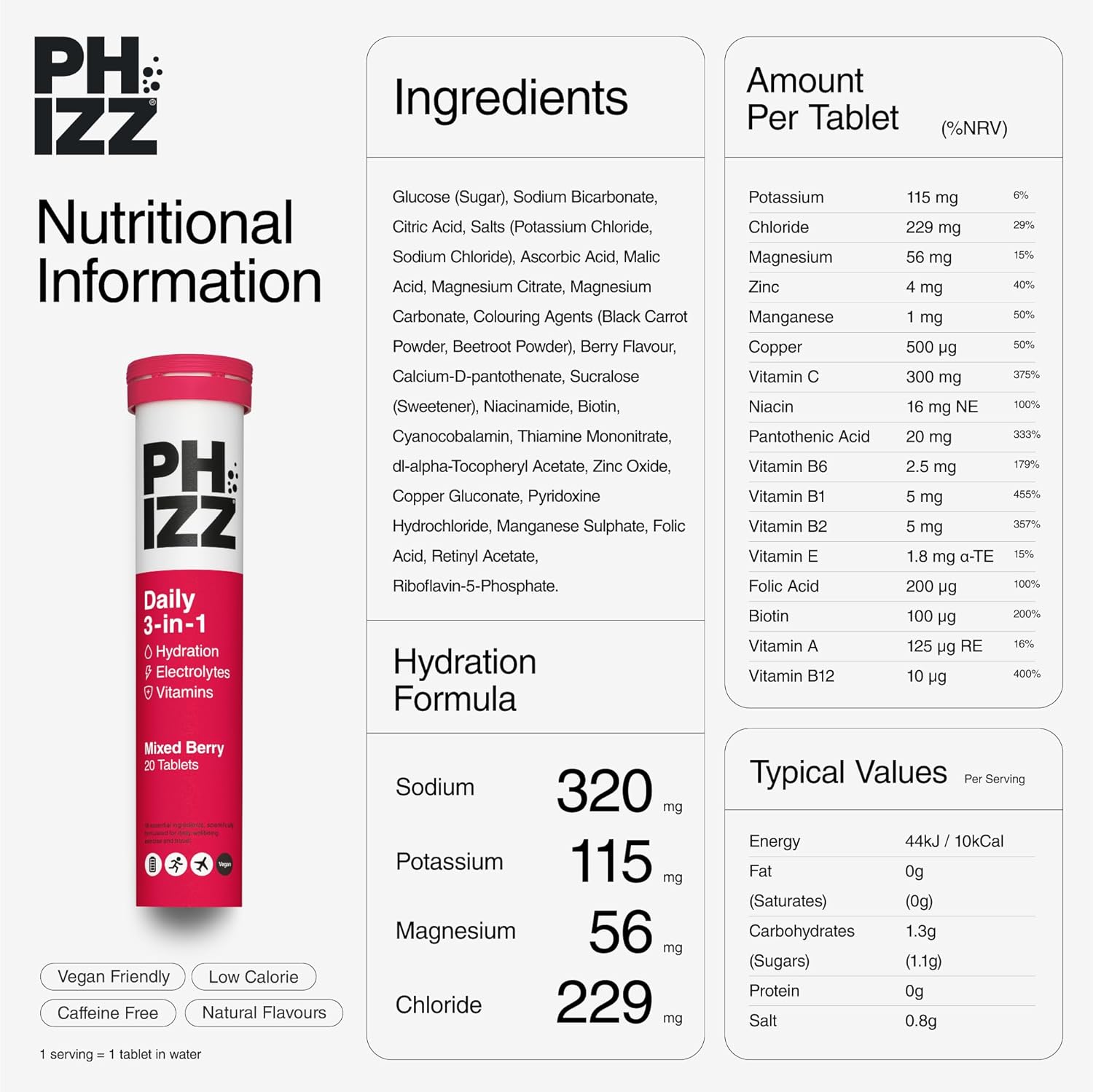 Phizz Daily mix berry electrolyte multivitamin effervescent tablets nutrition panel variety pack 100 tablets