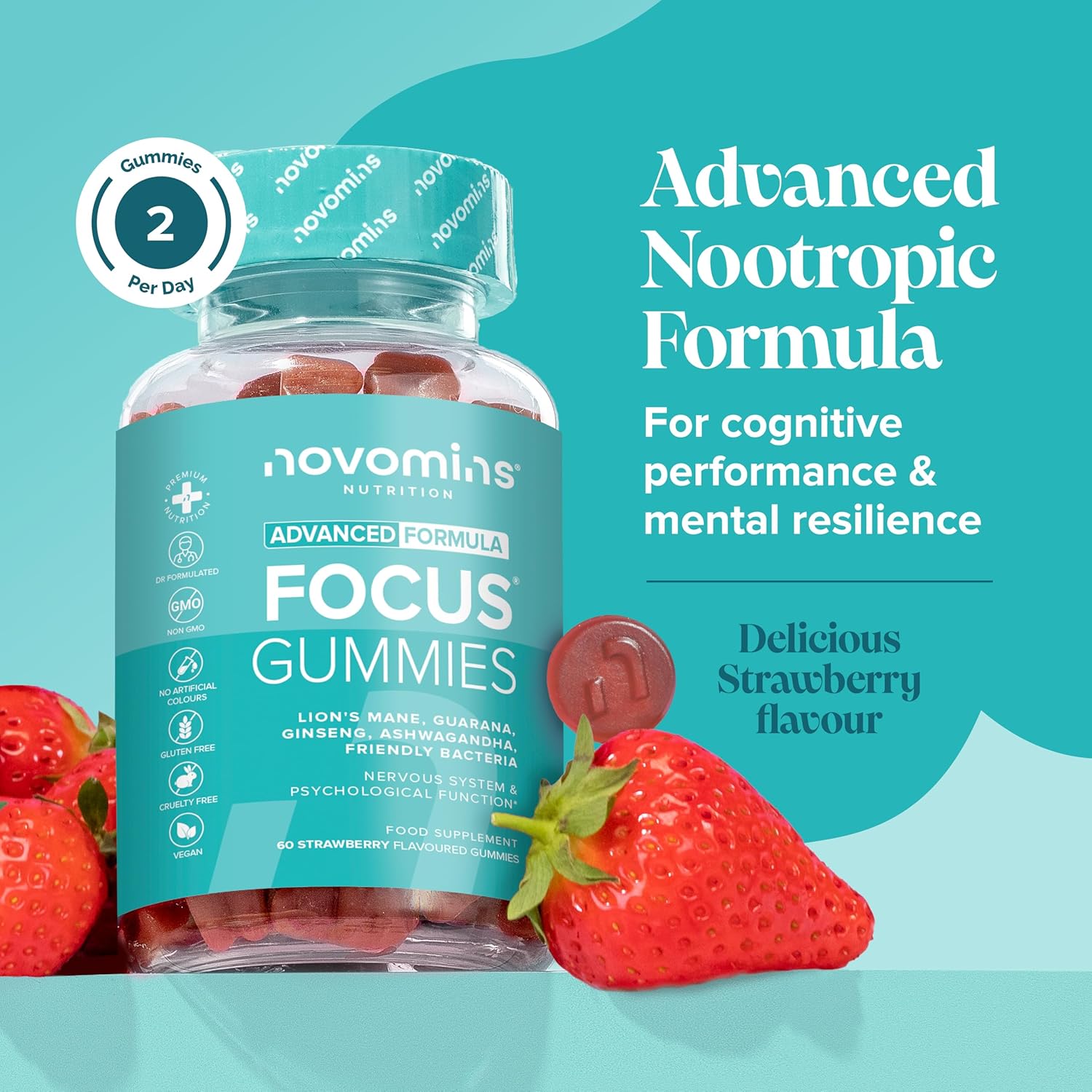 Novomins Focus Gummies Strawberry 60 Count natural strawberry flavour 2 per day gummies