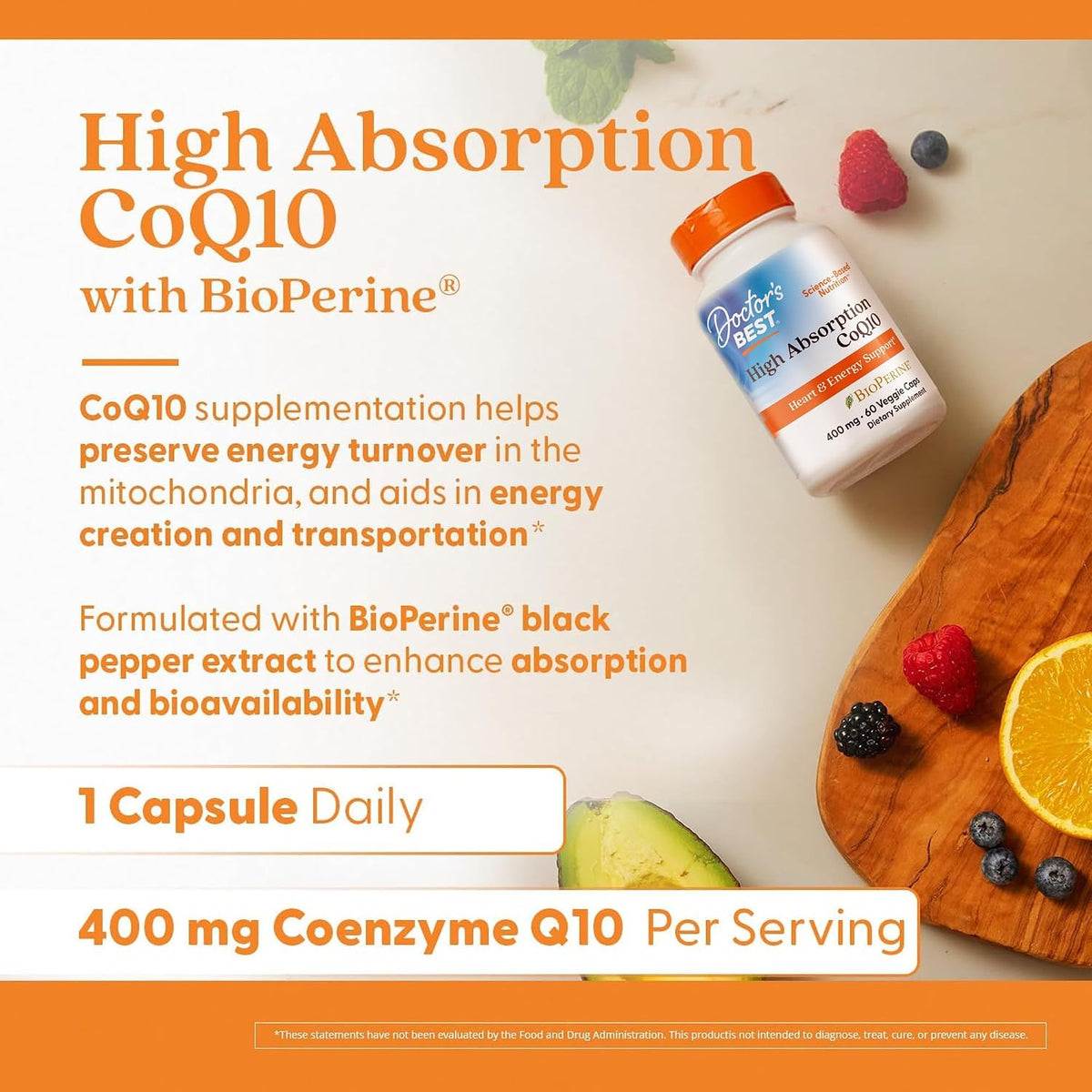 Doctor's Best High Absorption CoQ10 with BioPerine, bottle packaging, unflavoured, 400mg, 60 veggie capsules, daily use instructions