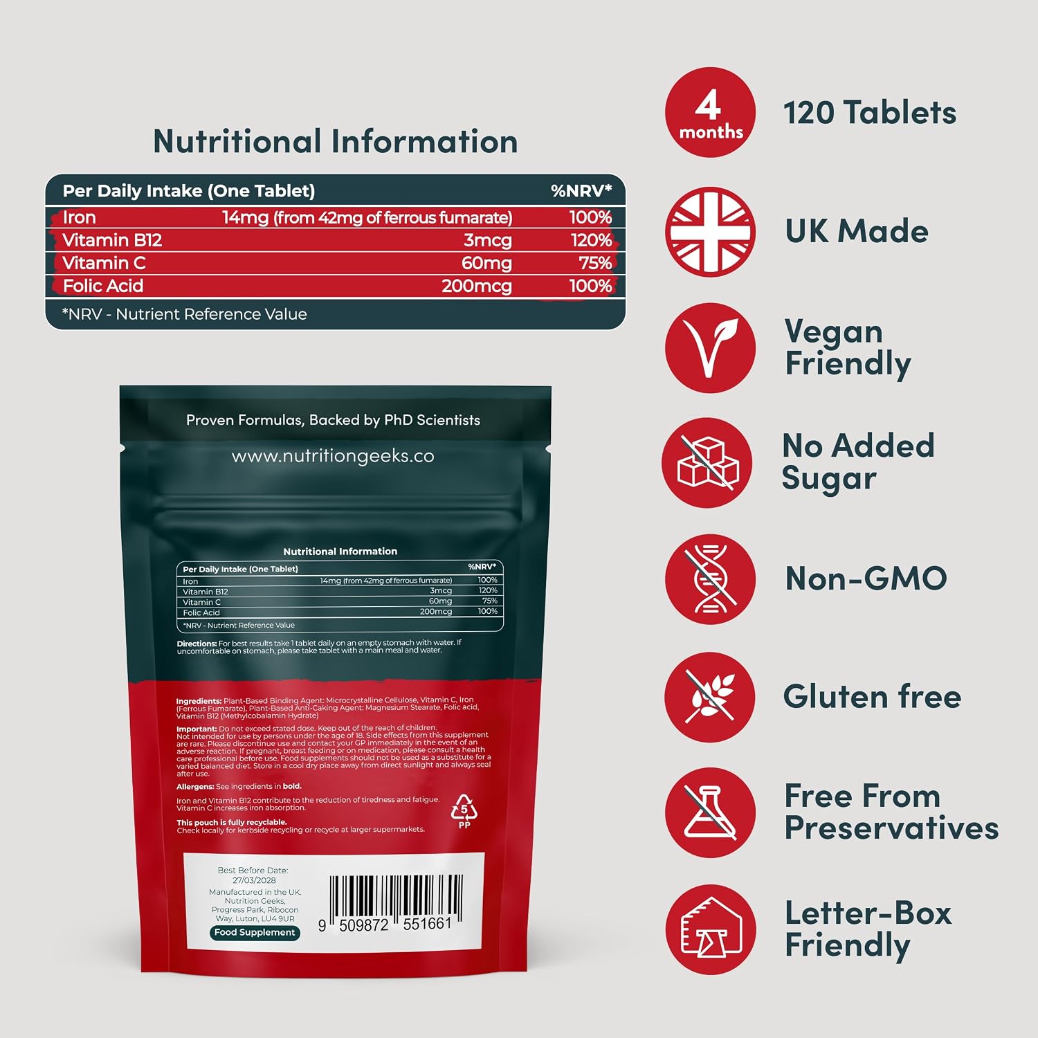 Nutrition Geeks Iron Energy+ 14mg, vegan food supplement tablet packaging, no flavour, 120 tablets, ingredients and nutritional information