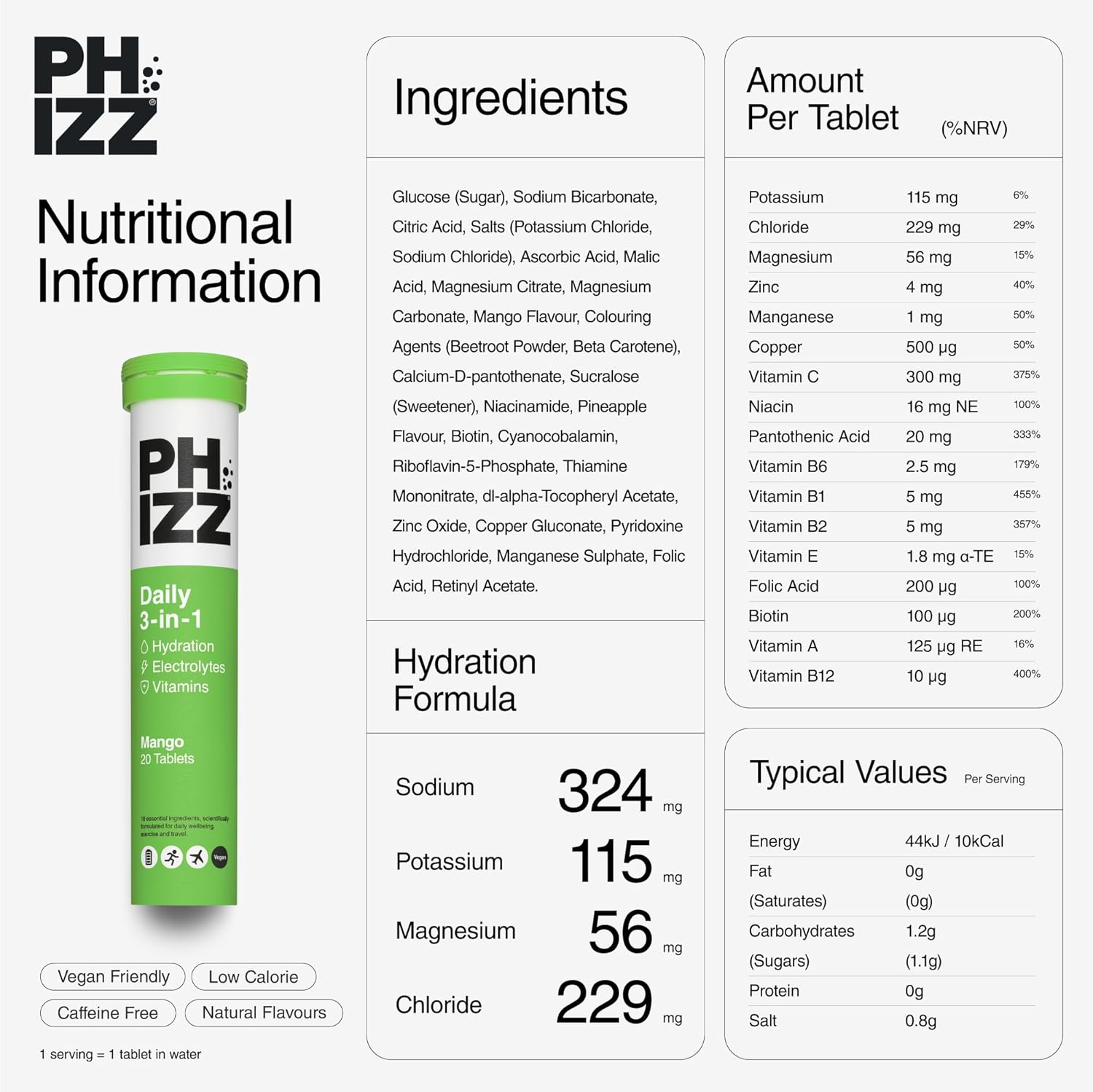 Phizz daily hydration vitamin electrolyte supplement facts label tube 20 tablets