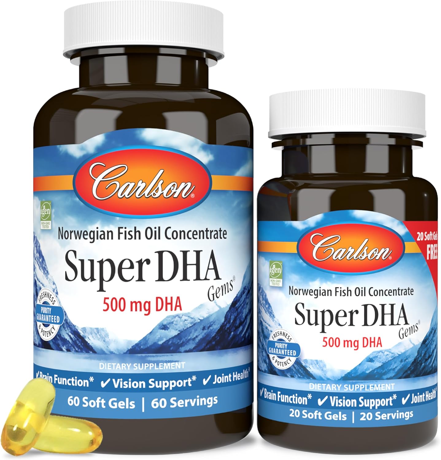Front image: Carlson Super DHA Gems 500 mg softgels fish oil bottle 80 count