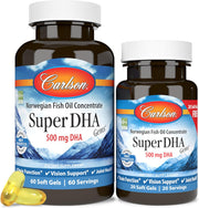Front image: Carlson Super DHA Gems 500 mg softgels fish oil bottle 80 count