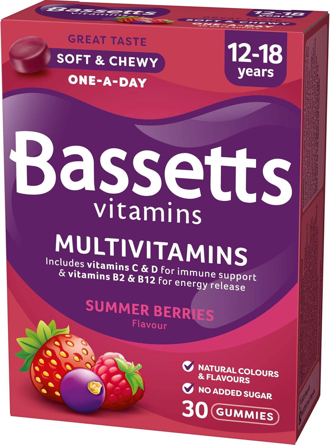 Bassetts Vitamins Multivitamins Summer Berries Gummies 12-18 Years 30 Count bottle side view