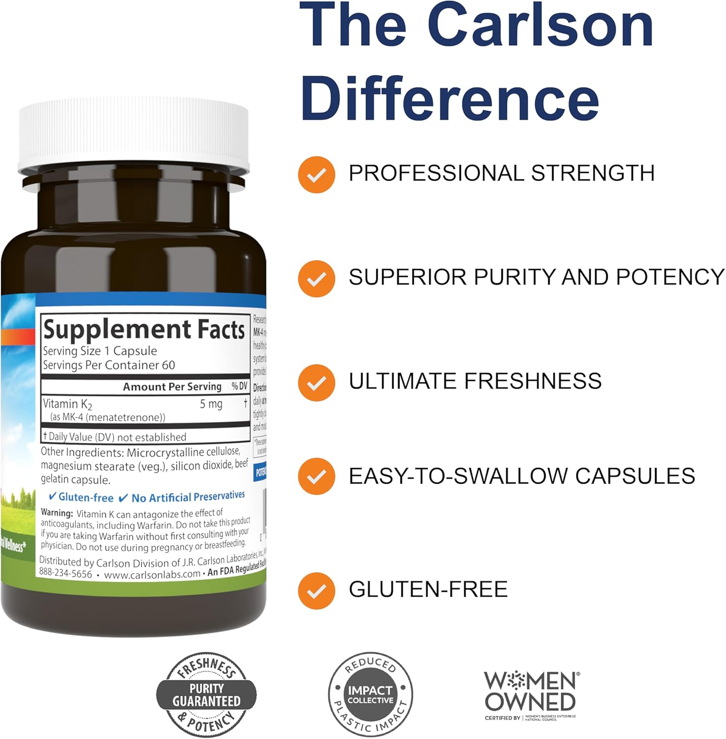 Supplement facts & ingredients image: Carlson Vitamin K2 MK4 5 mg supplement facts capsules 60 count