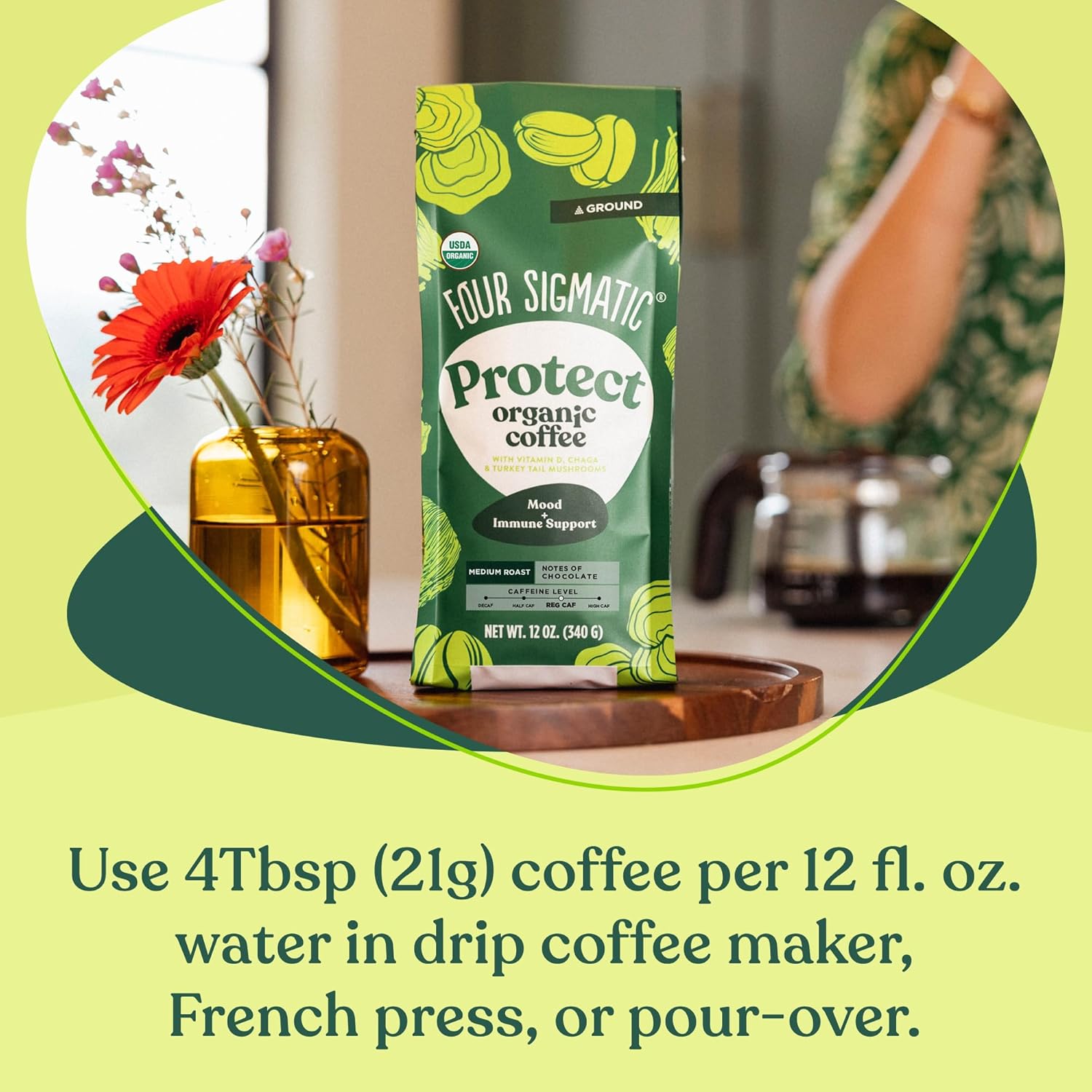 How to use
Four Sigmatic ground coffee brewing instructions on white background