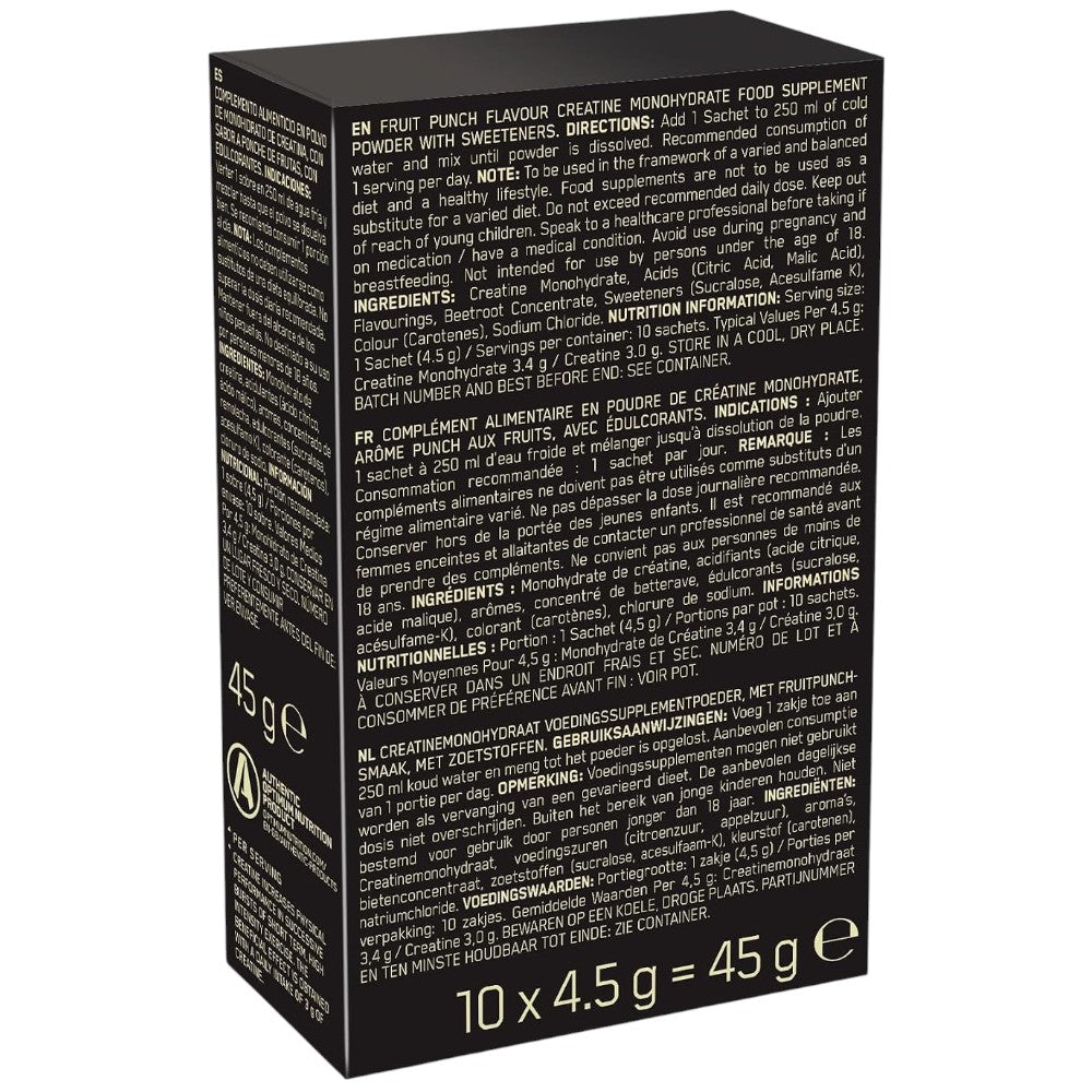 Optimum Nutrition Micronised Creatine Fruit Punch 10 x 4.5g sachets box back packaging