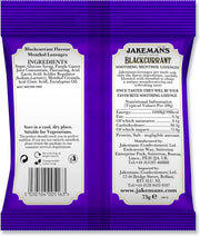 Jakemans Blackcurrant Menthol Lozenges bag packaging blackcurrant flavour 12 x 73g ingredients, barcode and product information panel