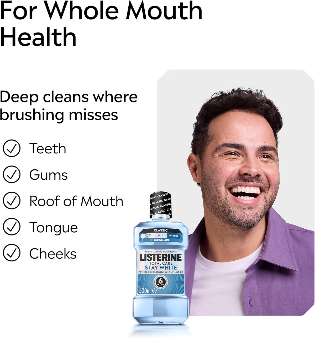 Listerine Total Care Stay White Intense Mint Mouthwash oral rinse bottle 500ml how to use