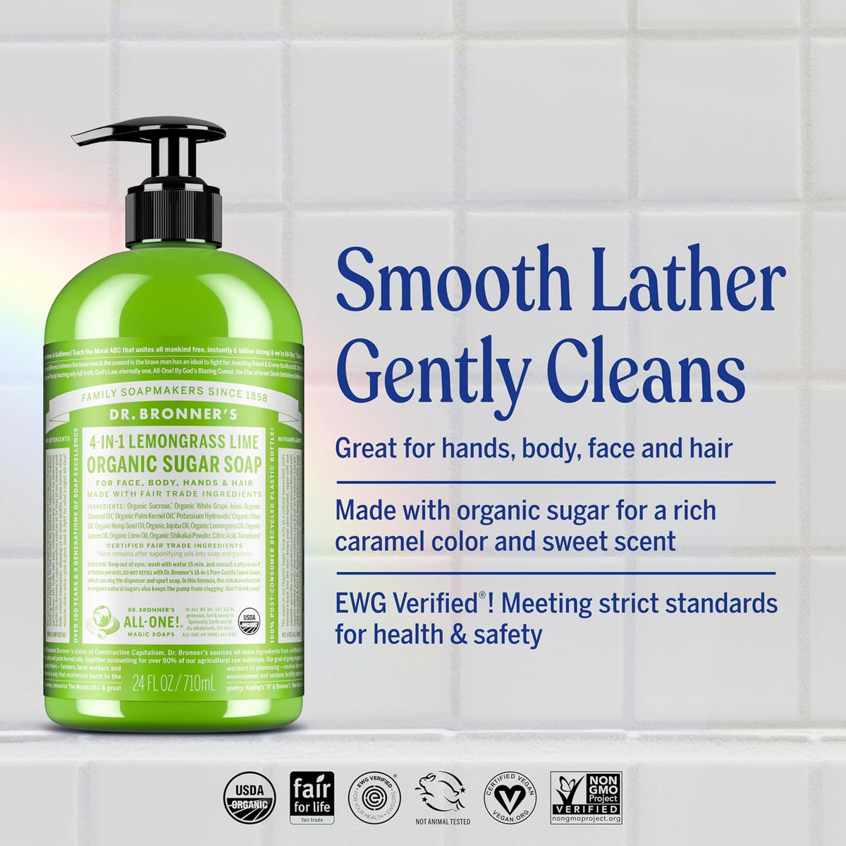 Dr. Bronner's Lemongrass Lime 4-in-1 Organic Sugar Pump Soap 355ml pump bottle for hands face body and hair