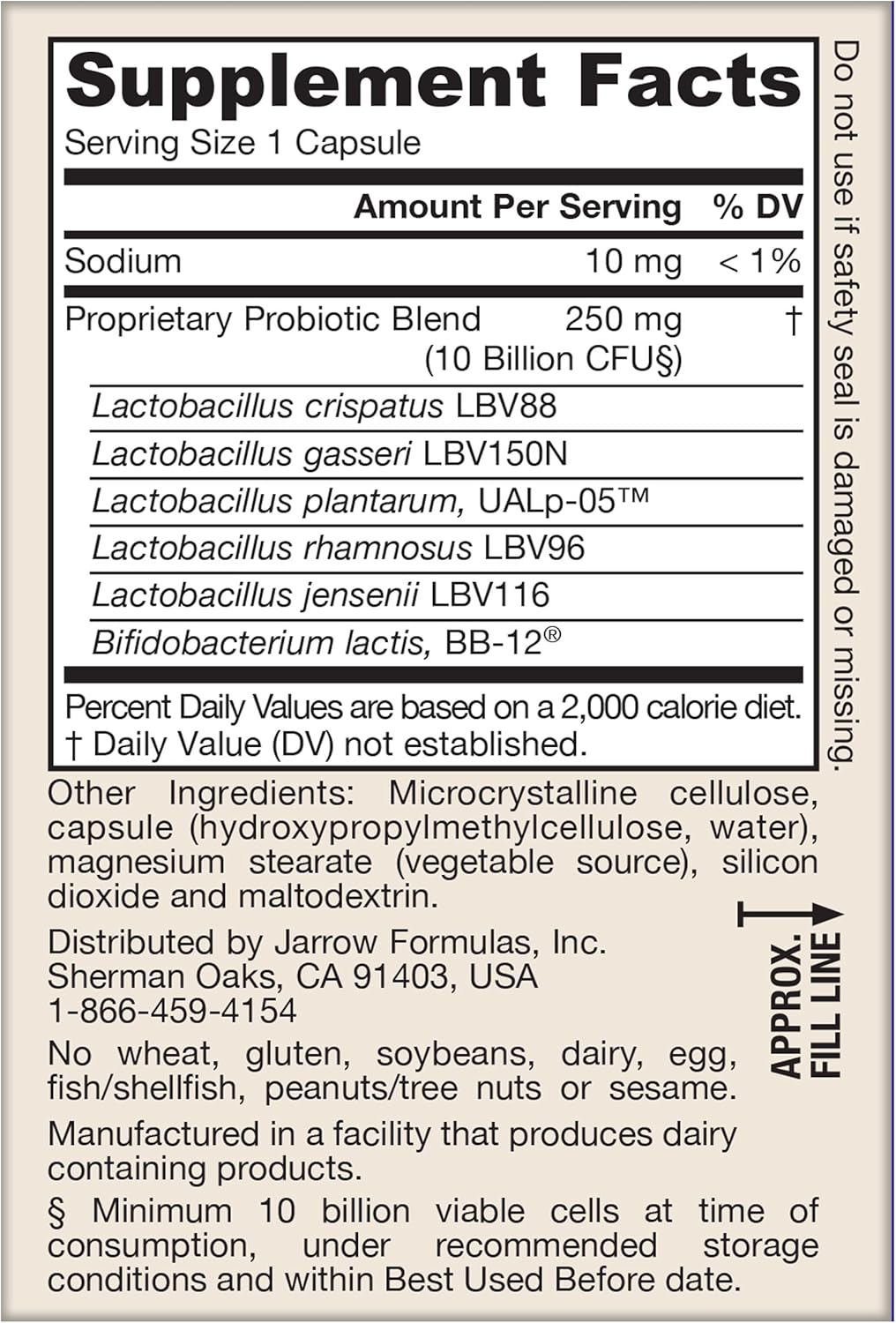 Supplement facts & ingredients image: Jarrow Fem Dophilus probiotic strains supplement facts capsules 30 count