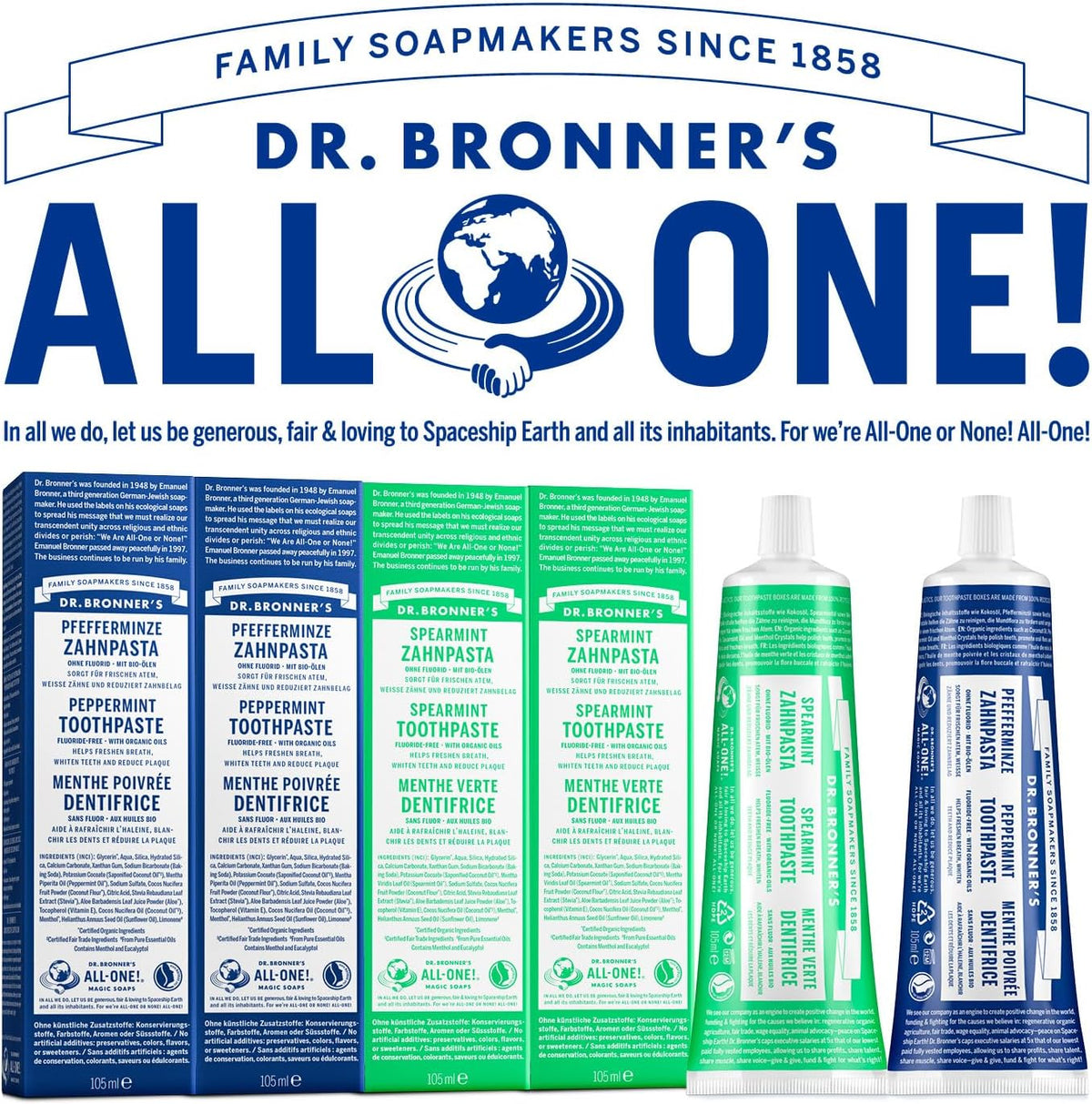 Dr. Bronner's Peppermint Fluoride Free Toothpaste 105ml tube and box for everyday oral care all one