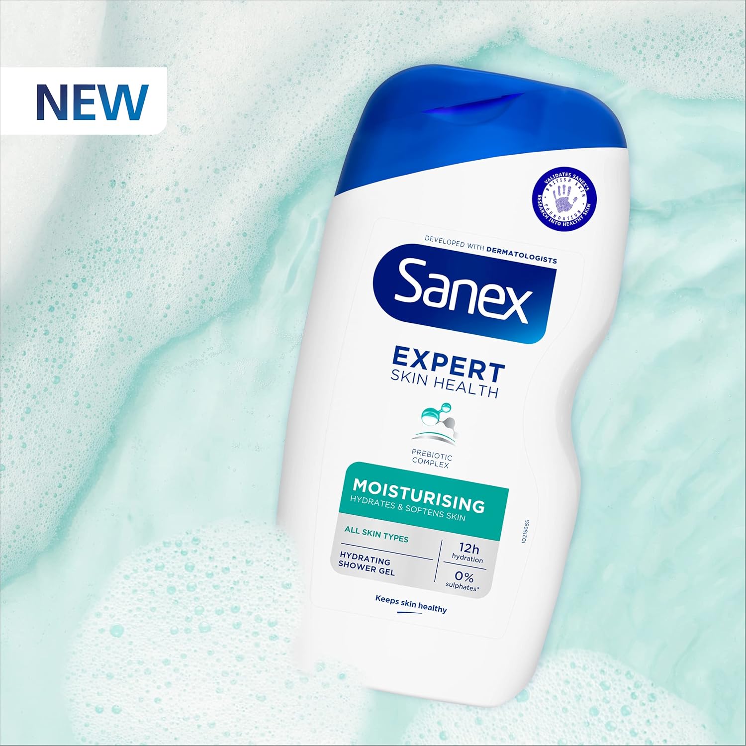 Front image: Sanex Expert Skin Health moisturising shower gel bottle body wash 570ml new packaging