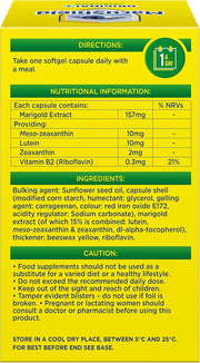 MacuShield Original+ Vegetarian 90 capsules back packaging with ingredients, directions & nutrition facts on white background