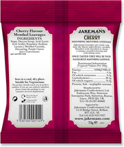 Jakemans Cherry Soothing Menthol Lozenges, bag packaging, cherry flavour, 73g, ingredients information & barcode