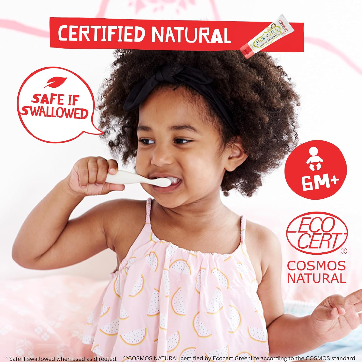 Jack N' Jill Natural Certified Toothpaste Berries & Cream, toothpaste tube packaging, berries and cream flavour, 50g, product information