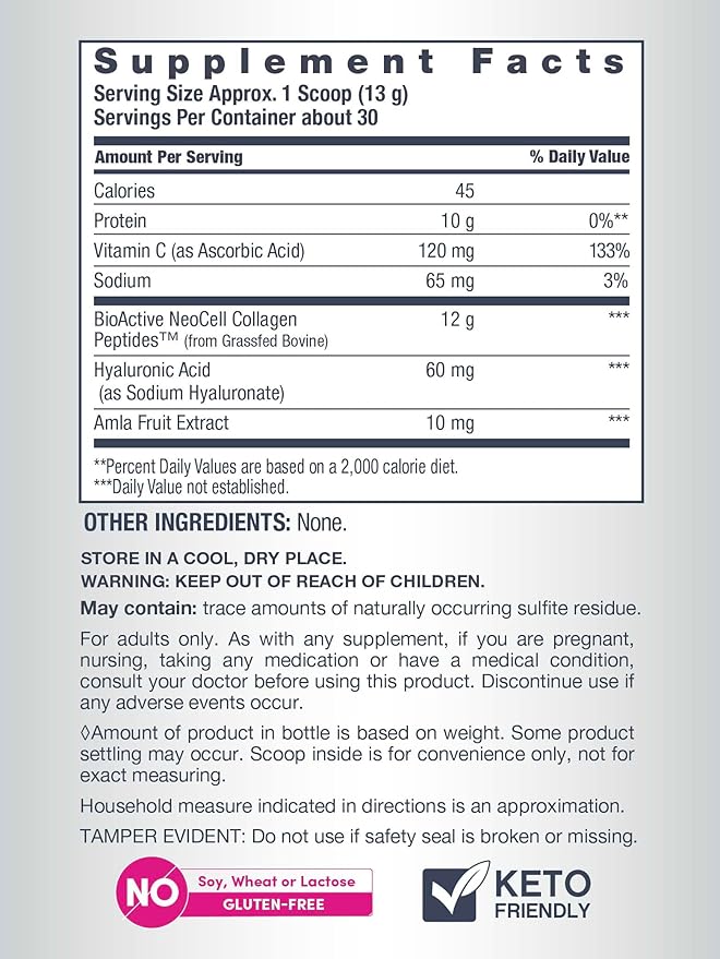 Supplement facts and ingredients for NeoCell Collagen Peptides powder.