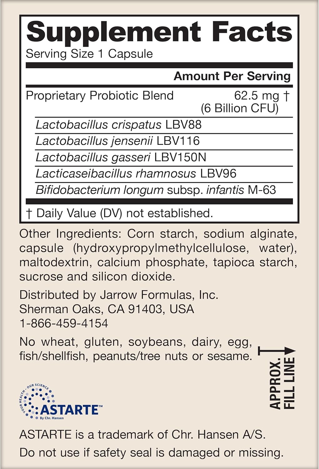 Supplement Facts Image: Jarrow Formulas Jarro-Dophilus Prenatal 6 billion CFU probiotic supplement facts and ingredients 30 count