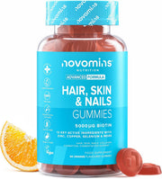 Novomins Hair Skin Nails Gummies Orange 60 Count bottle biotin supplement front view