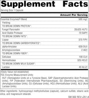 Supplement facts & ingredients image: Source Naturals Essential Enzymes 500mg vegetarian capsules ingredient panel 120 count