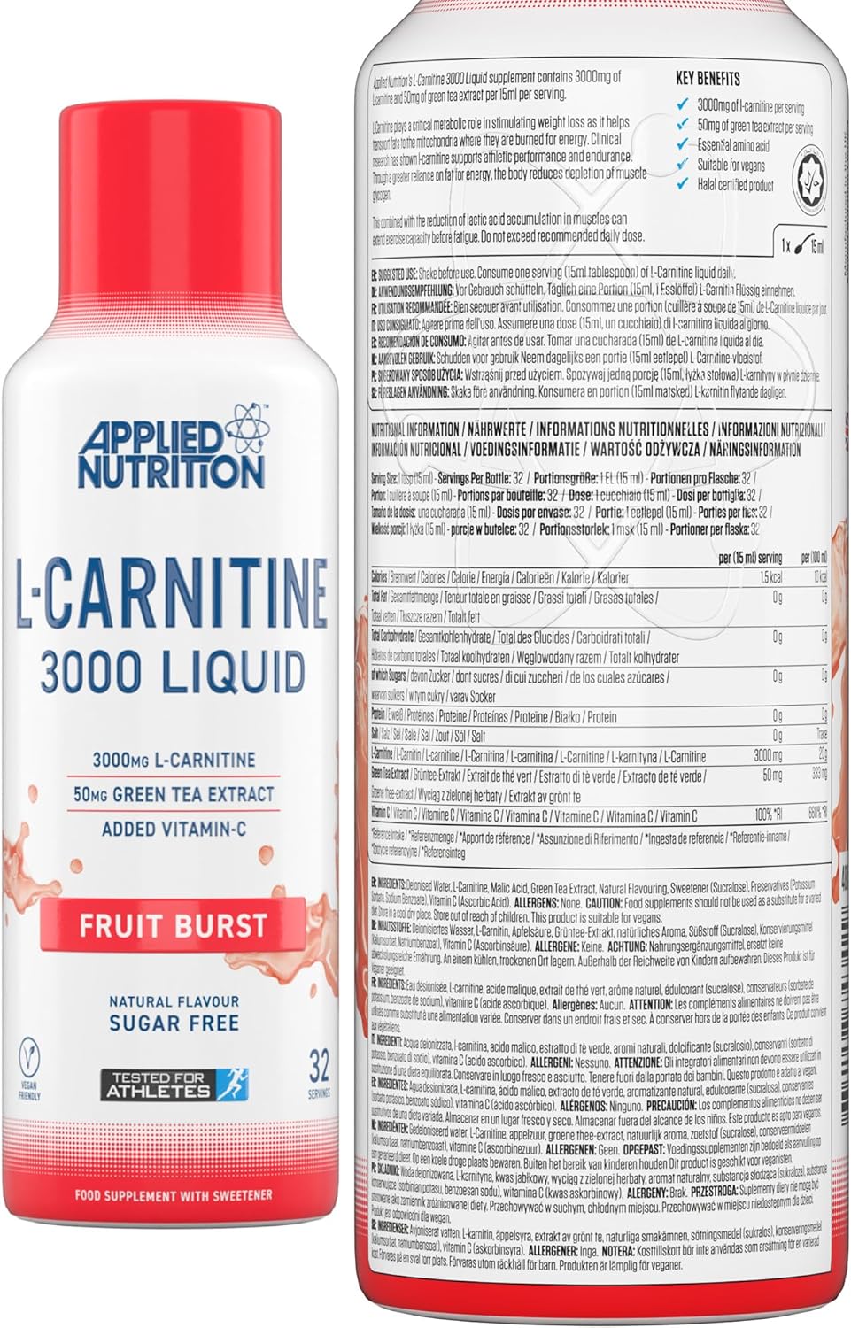 Applied Nutrition L-Carnitine 3000 Liquid 480ml supplement facts panel