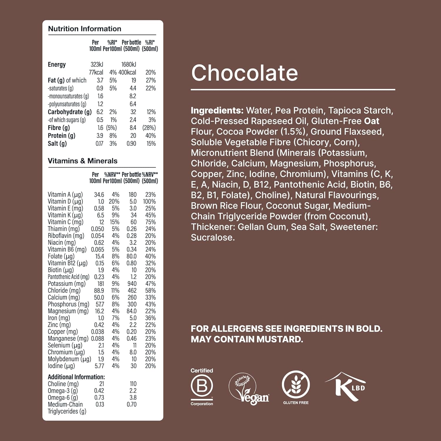 Huel Ready-to-Drink Chocolate meal drink nutrition ingredients label bottle 500ml 8 pack