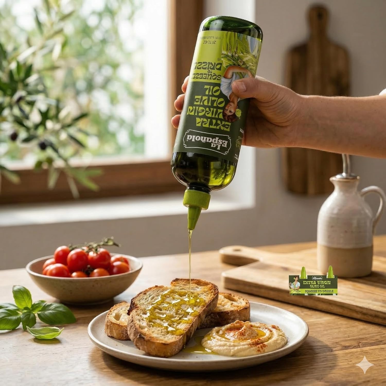 Lifestyle/use image: La Española olive oil used for cooking and drizzling 620ml