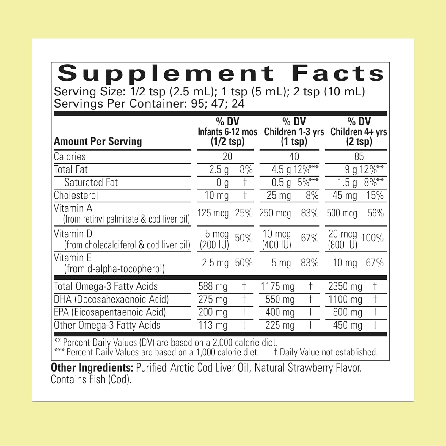 ChildLife Essentials Cod Liver Oil supplement facts DHA EPA vitamins A D E 237ml