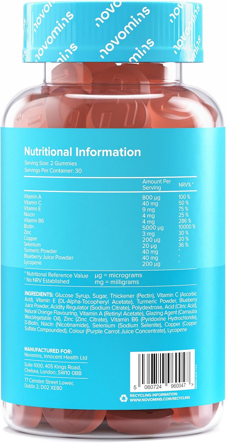 Novomins Hair Skin Nails Gummies Orange 60 Count ingredients nutritional label with barcode