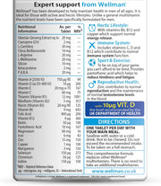Wellman Original Health & Vitality Multivitamins 30 tablets supplement facts and ingredients panel