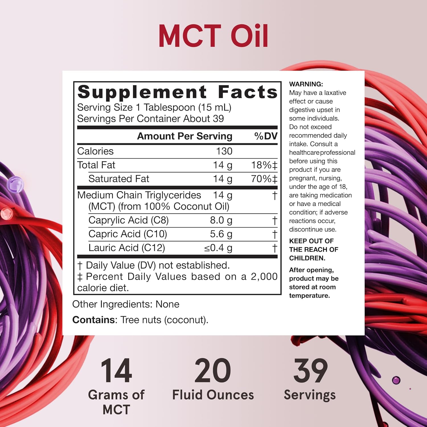 Supplement Facts Image: Jarrow Formulas MCT oil 591ml nutrition information coconut derived