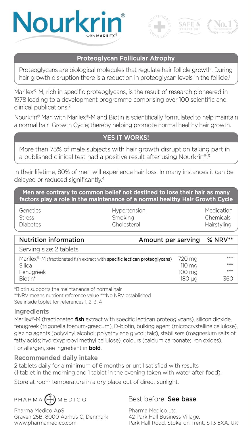 Supplement Facts & Ingredients Image: Nourkrin Man tablets ingredients label 180 tablets packaging
