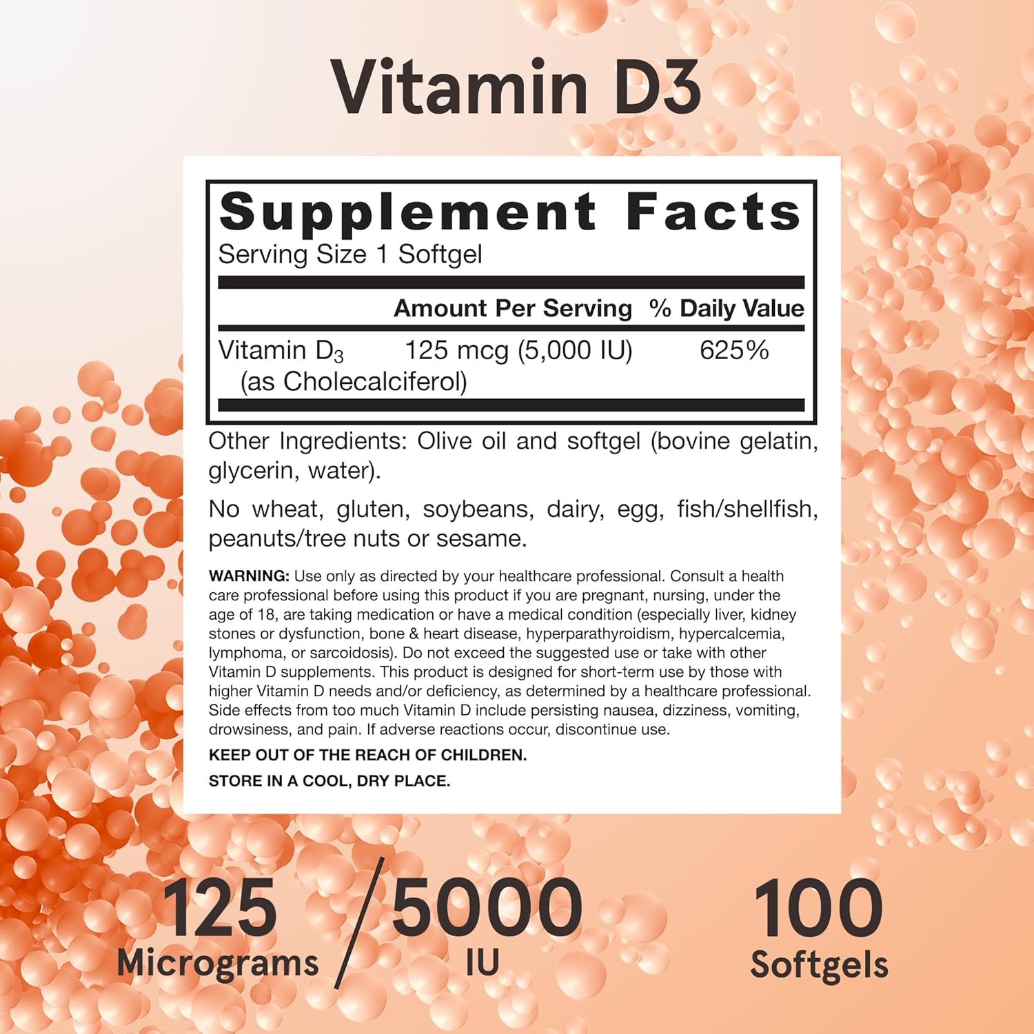 Supplement Facts Image: Jarrow Formulas vitamin d3 5000 IU 125mcg supplement facts and ingredients 100 count