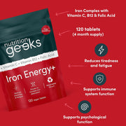 Nutrition Geeks Iron Energy+ 14mg, vegan food supplement tablet packaging, no flavour, 120 tablets, daily supplement use