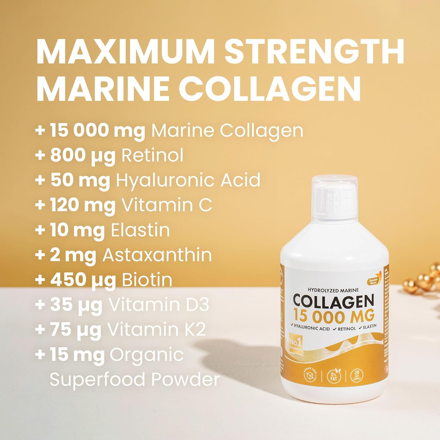 Collagen supplement bottle with ingredients listed on a beige background