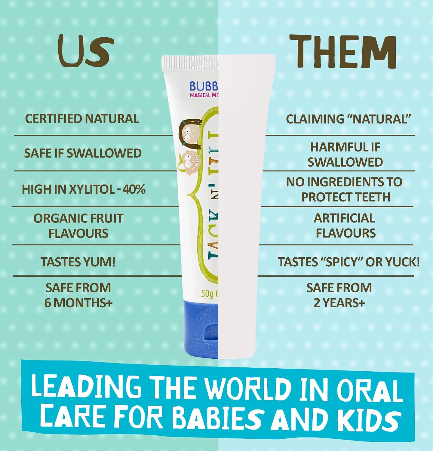 Jack N' Jill Natural Certified Toothpaste Bubblegum, toothpaste tube packaging, bubblegum flavour, 50g, product information