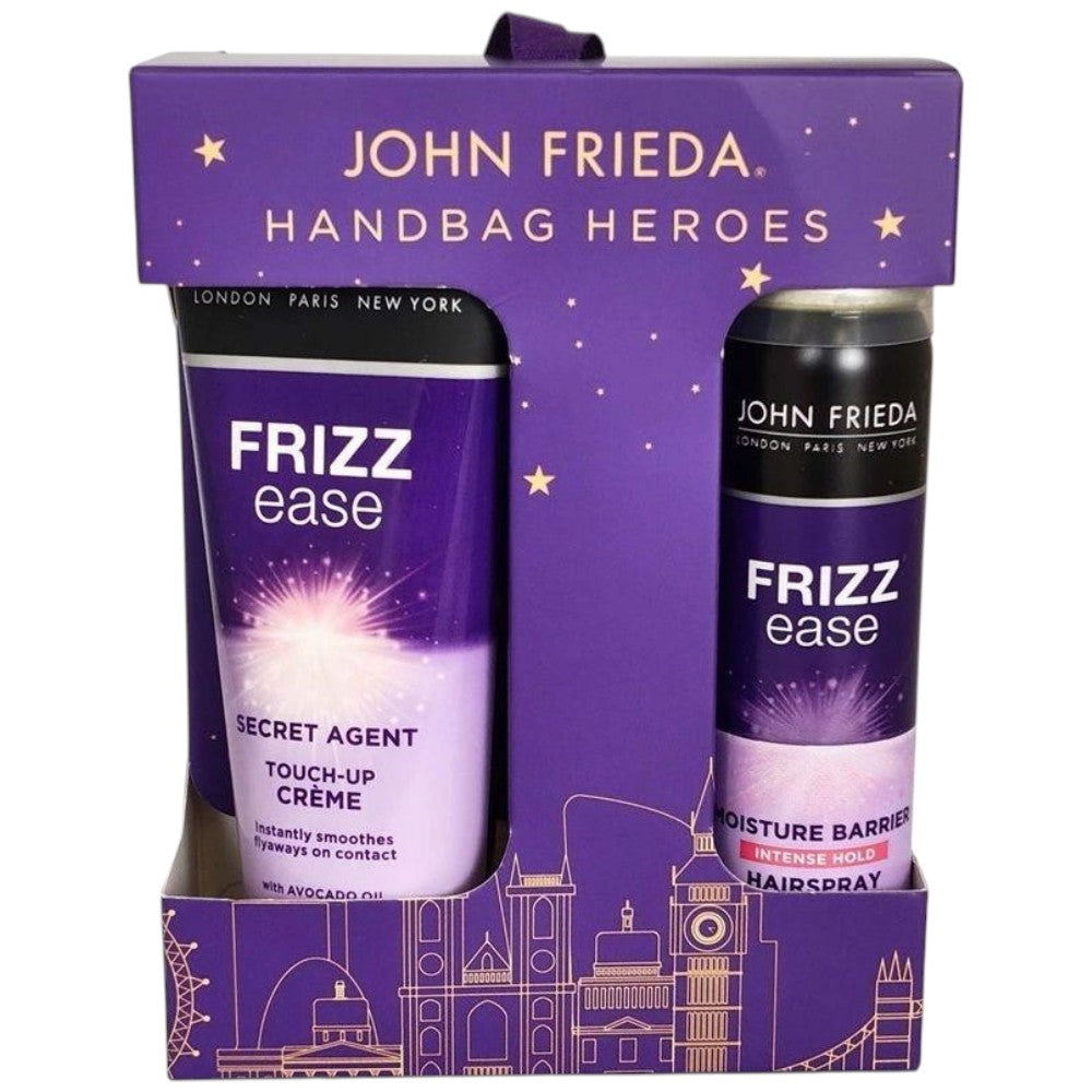 John Frieda Frizz Ease Handbag Heroes hair styling gift set 100ml crème and 75ml hairspray front packaging